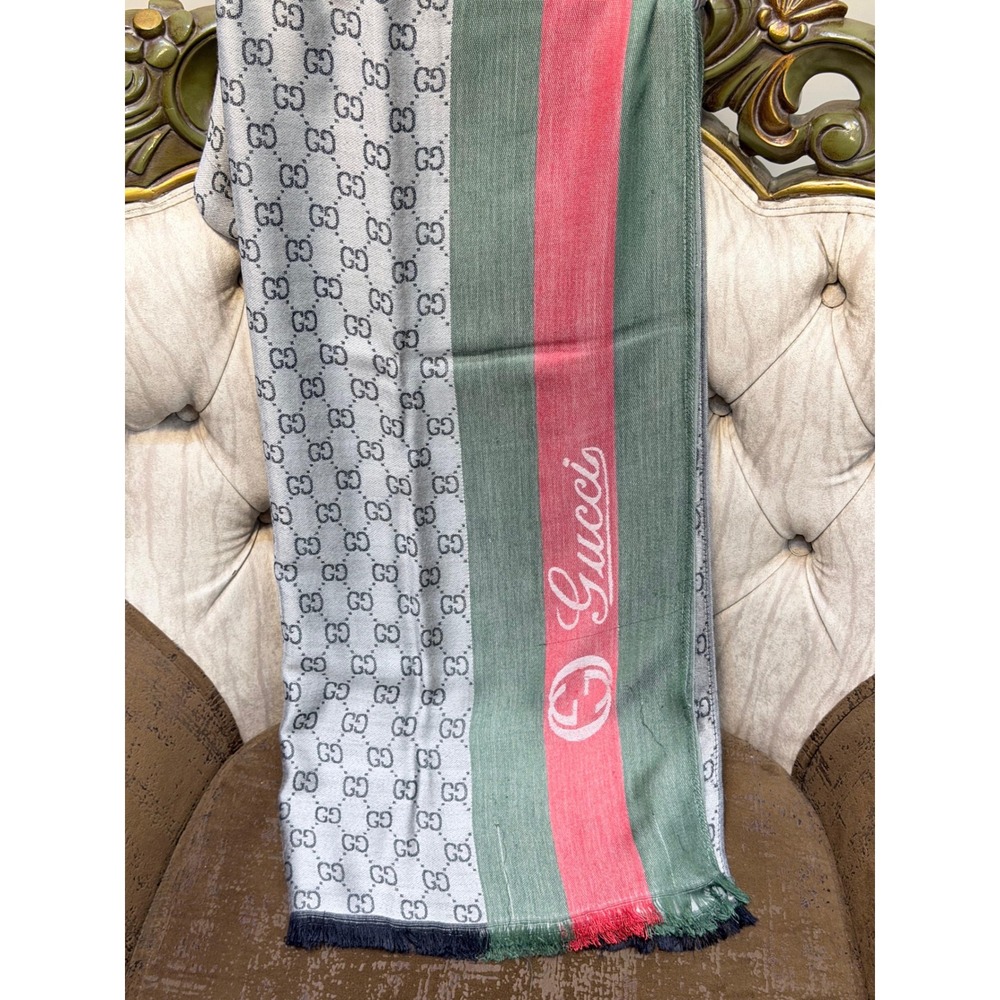 Gucci GG Monogram Scarf Wool Blend Green Red Web Stripe Made in Italy Grey